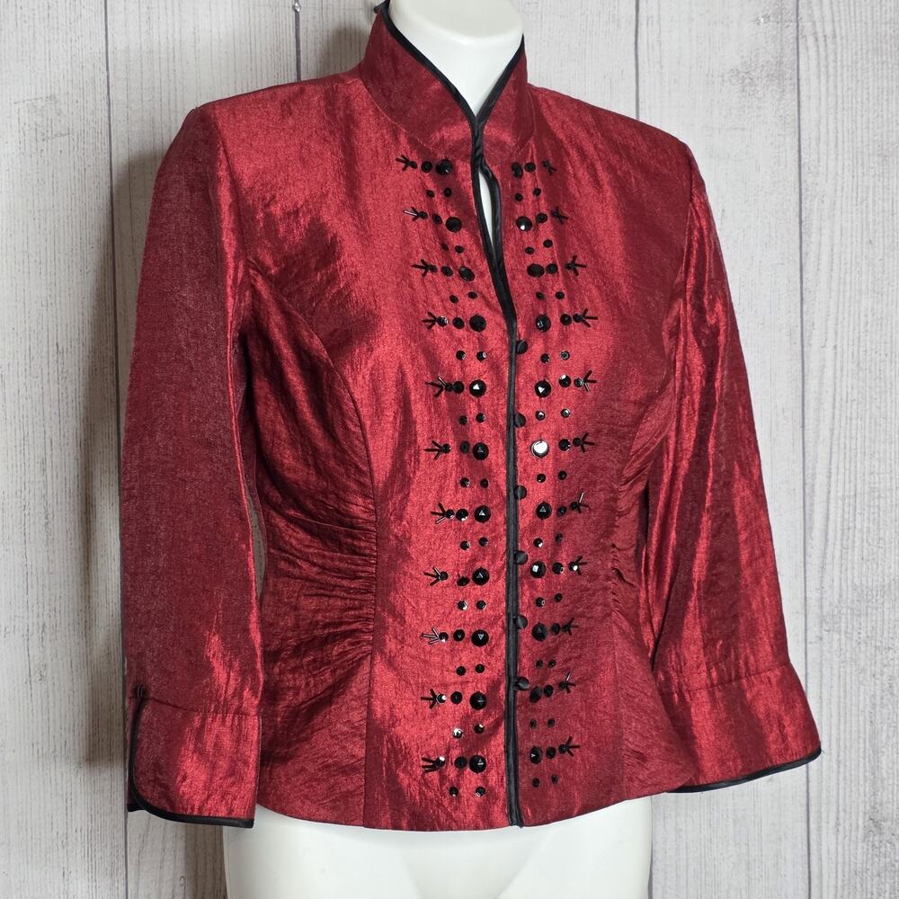 Y2K Red Satin Jacket 10 Beaded Mandarin Collar Asian Inspired Evening